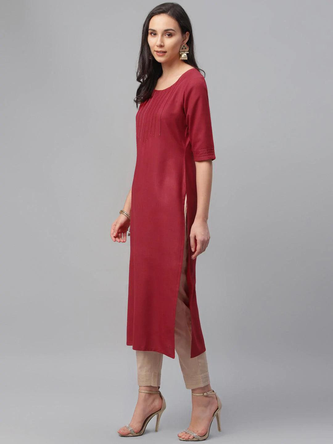 Maroon Solid Cotton Kurta - ShopLibas
