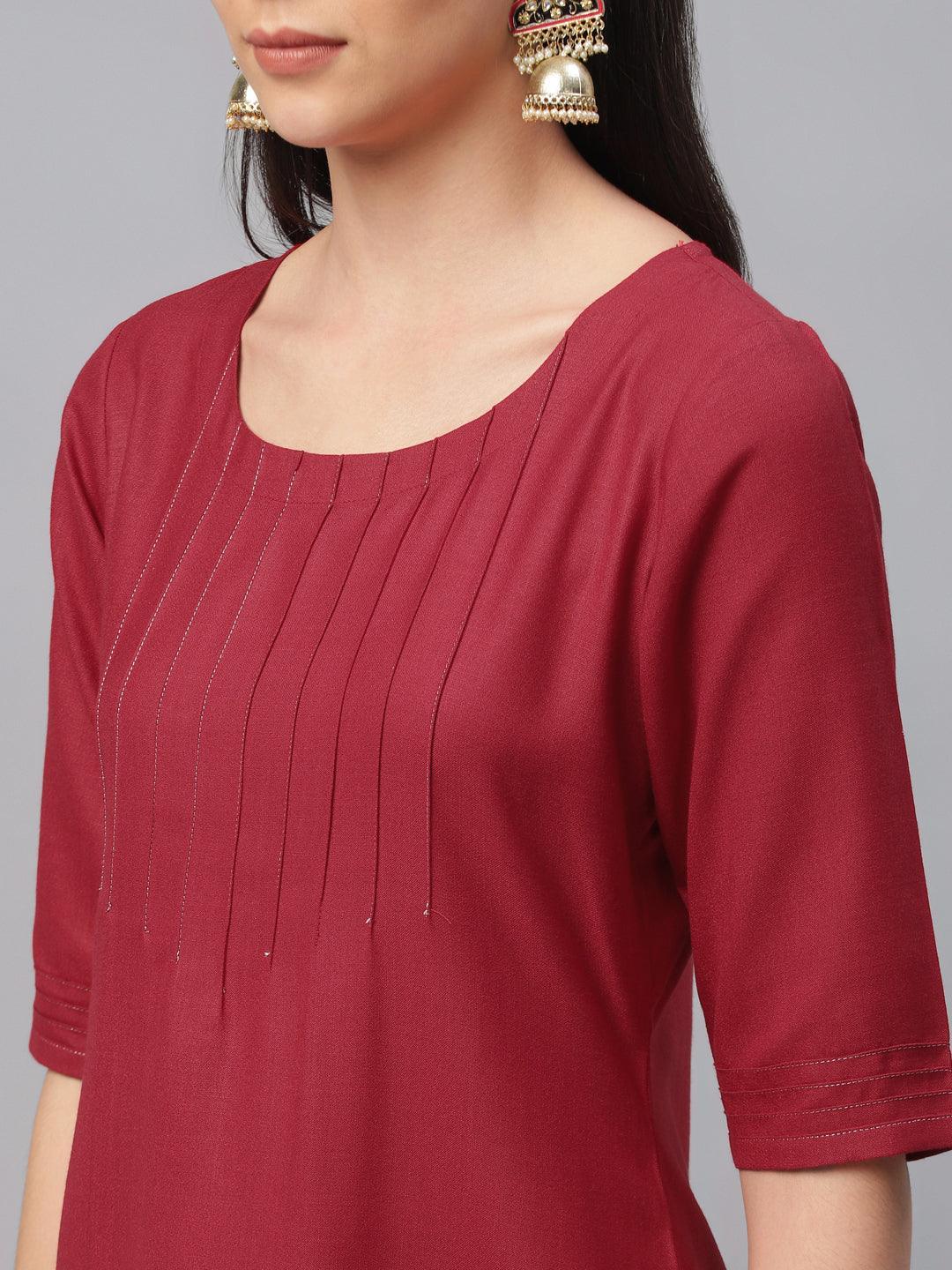 Maroon Solid Cotton Kurta - ShopLibas