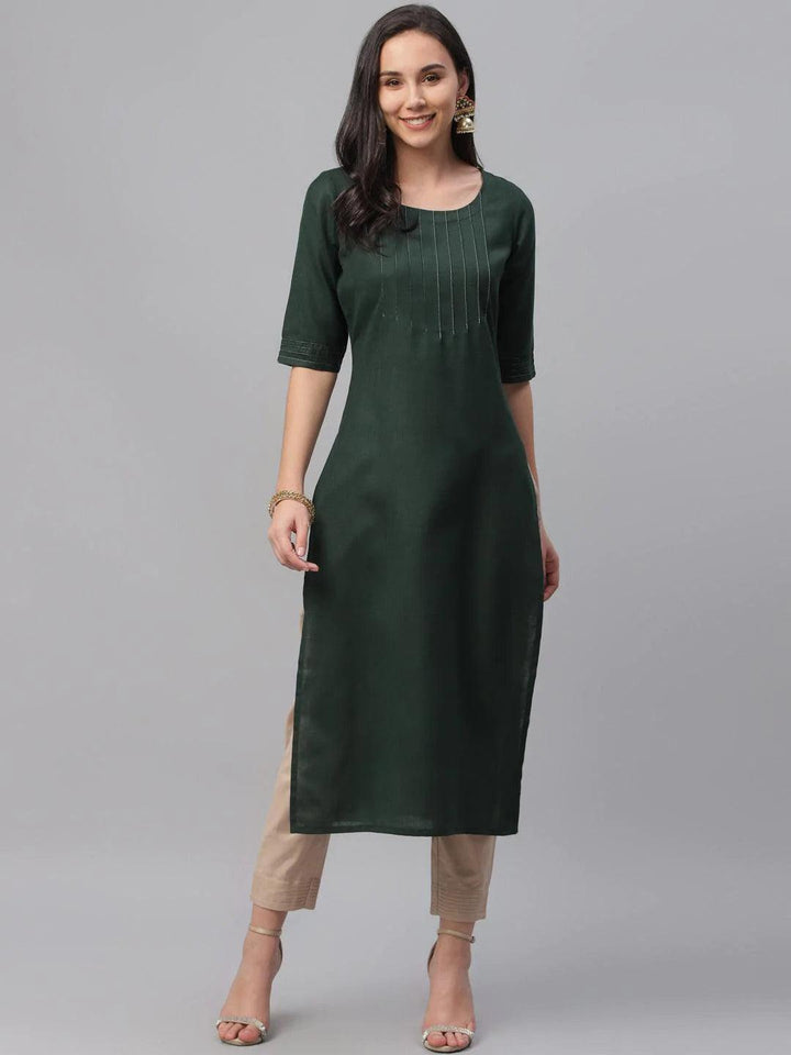 Green Solid Cotton Kurta - ShopLibas