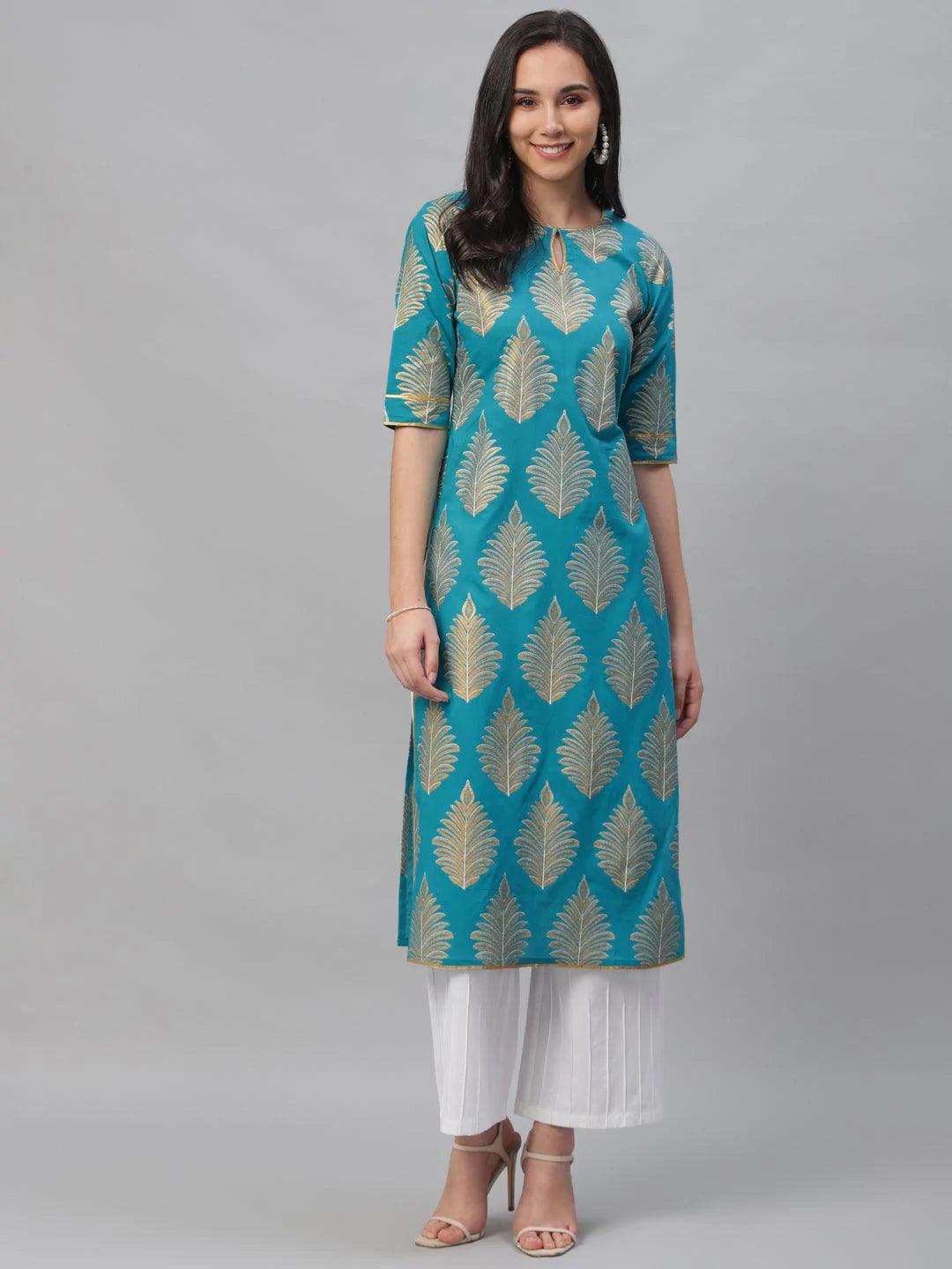 Blue Printed Cotton Kurta - ShopLibas