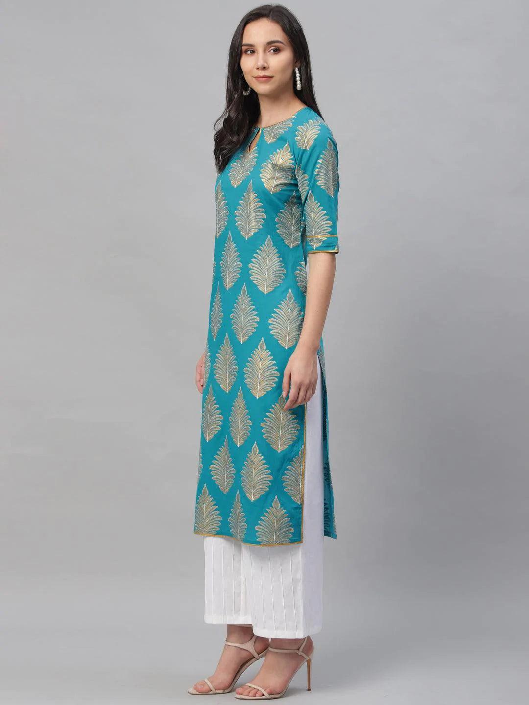 Blue Printed Cotton Kurta - ShopLibas