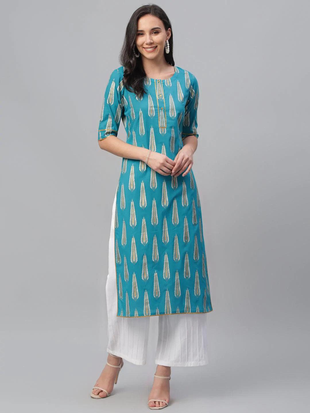 Blue Printed Cotton Kurta - ShopLibas
