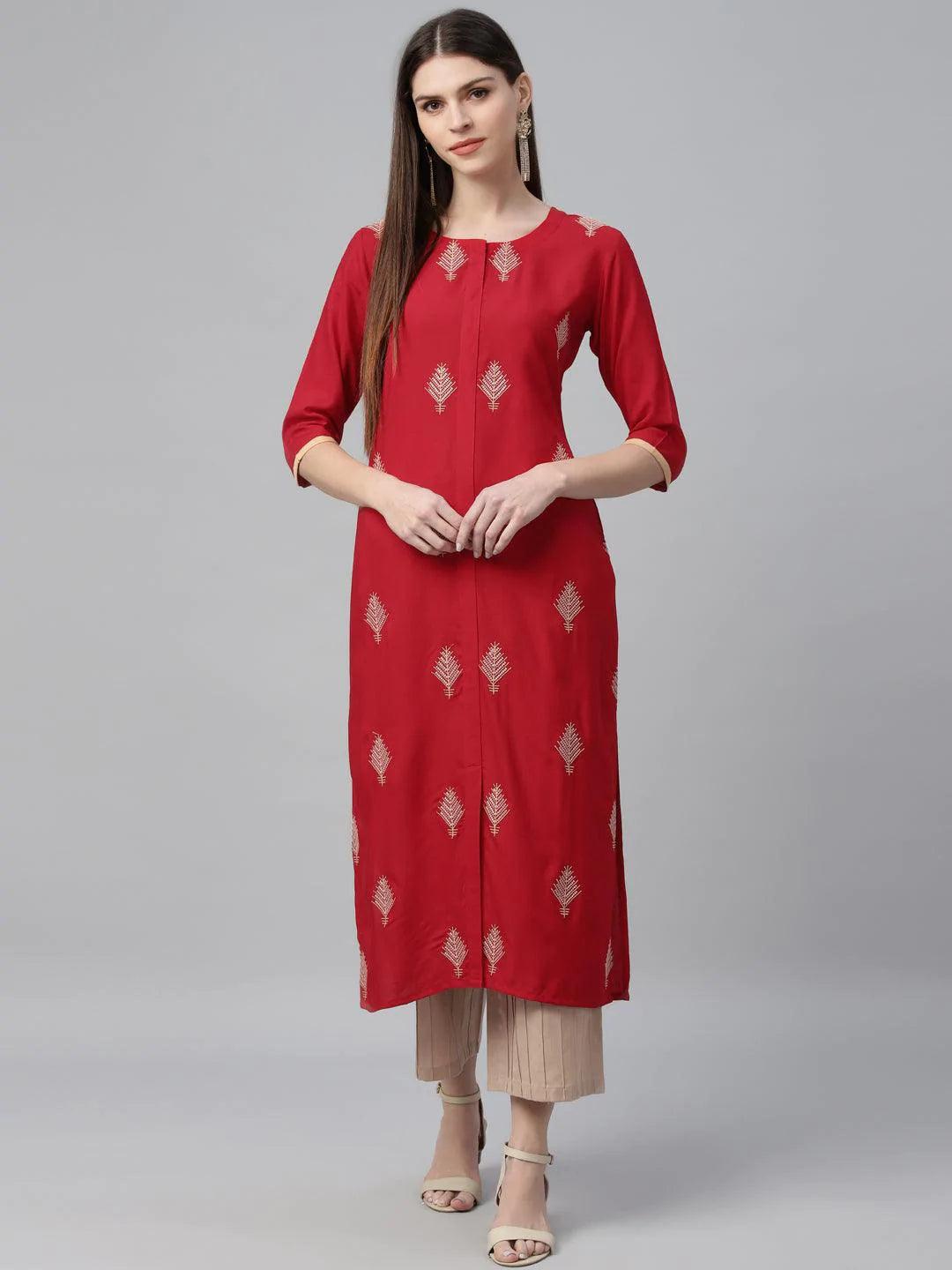 Red Embroidered Cotton Kurta - ShopLibas