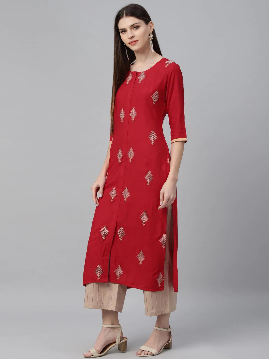 Red Embroidered Cotton Kurta - ShopLibas 