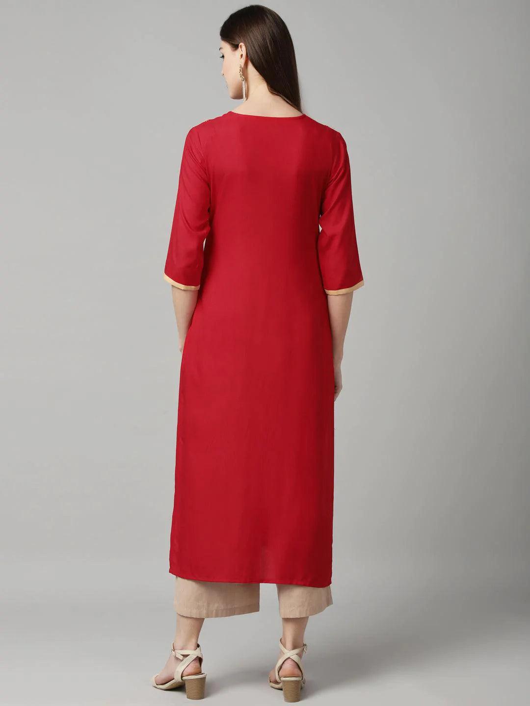 Red Embroidered Cotton Kurta - ShopLibas 