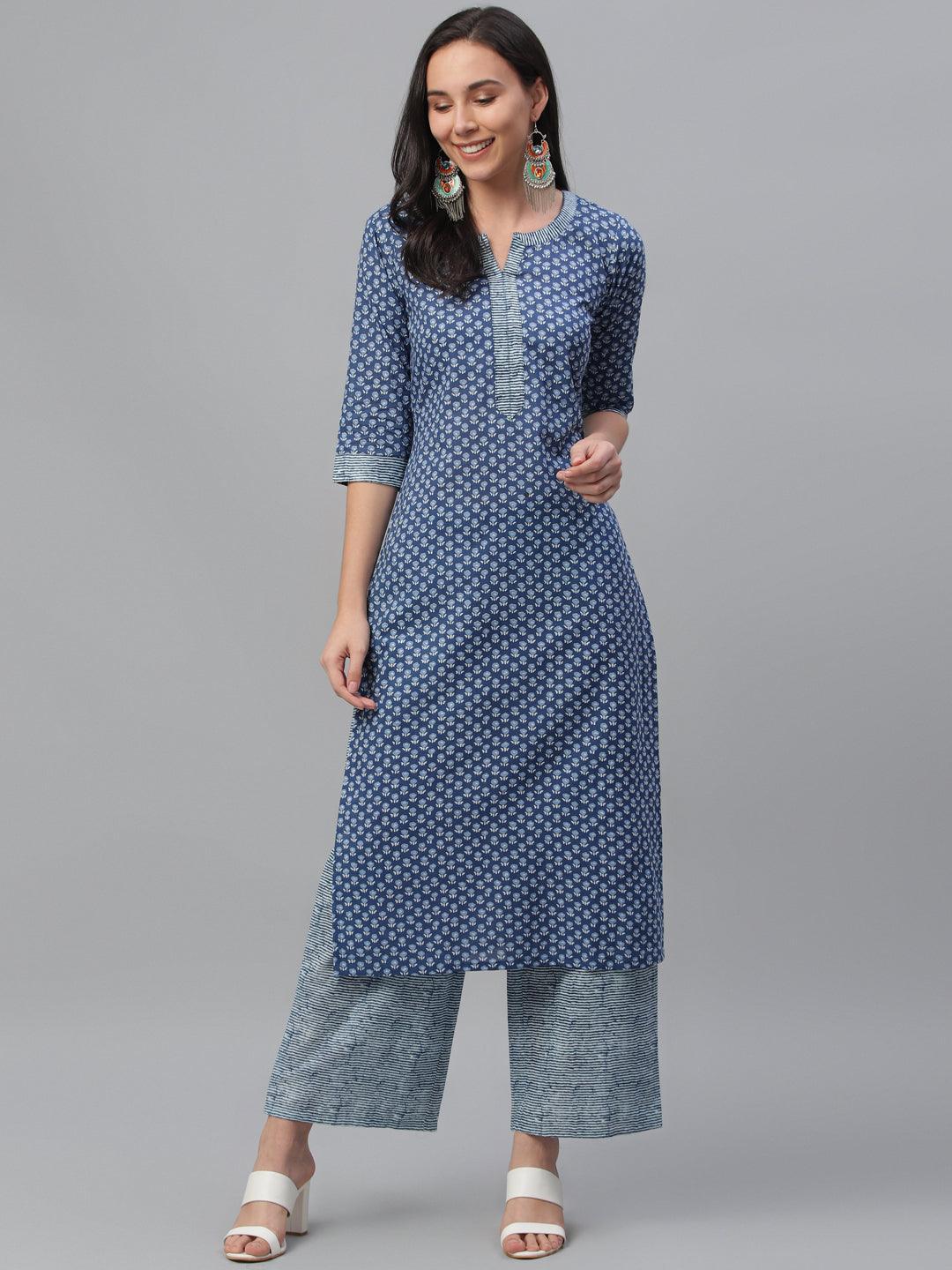 Blue Printed Cotton Kurta - ShopLibas