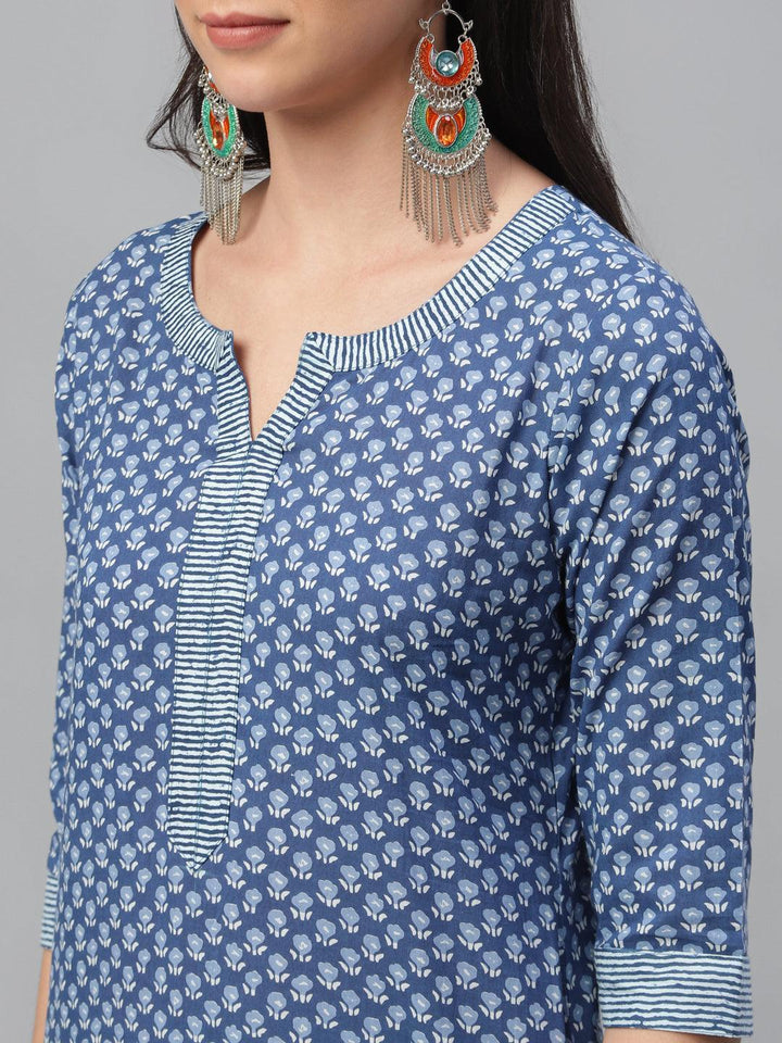 Blue Printed Cotton Kurta - ShopLibas