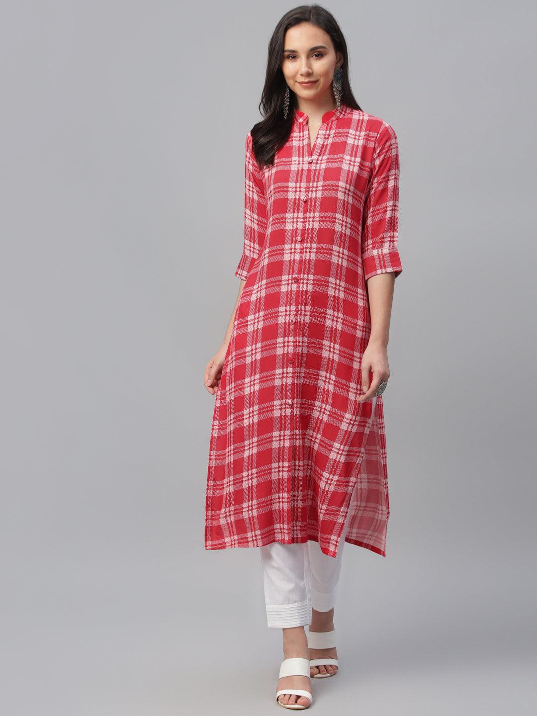 Red Printed Rayon Kurta - ShopLibas