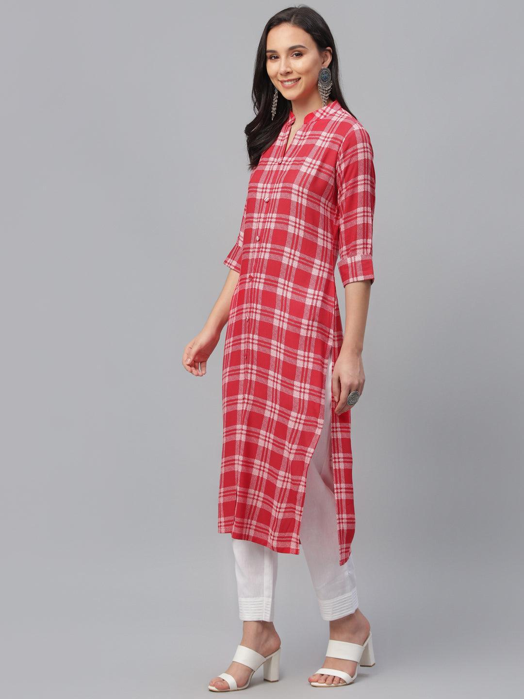 Red Printed Rayon Kurta - ShopLibas 