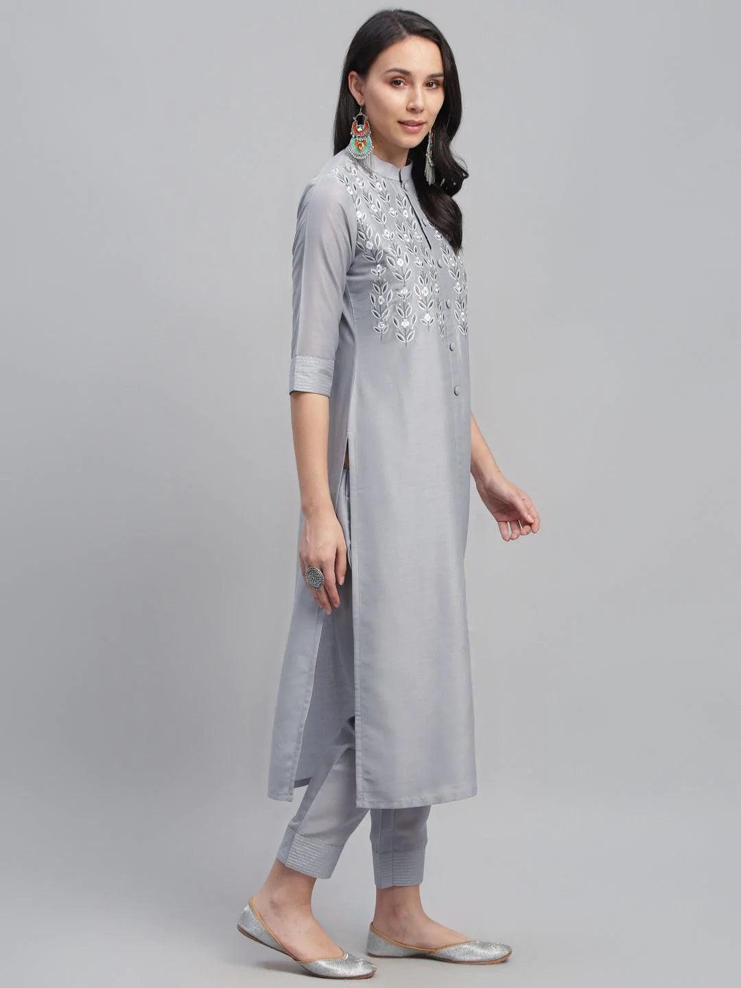 Grey Embroidered Crepe Kurta - ShopLibas 