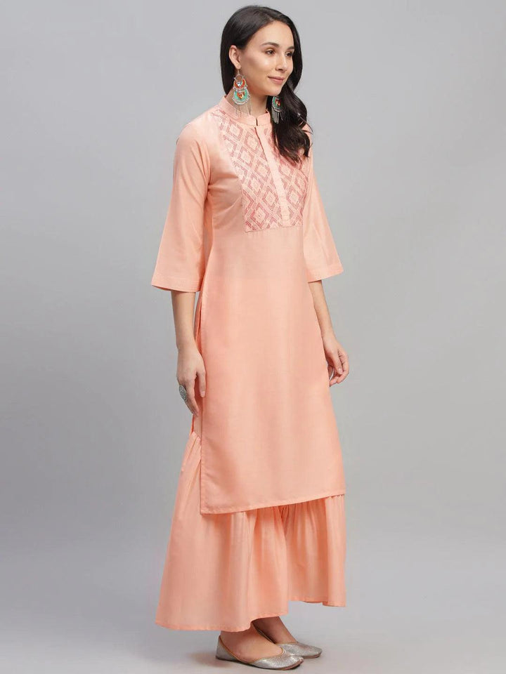 Peach Embroidered Crepe Kurta - ShopLibas