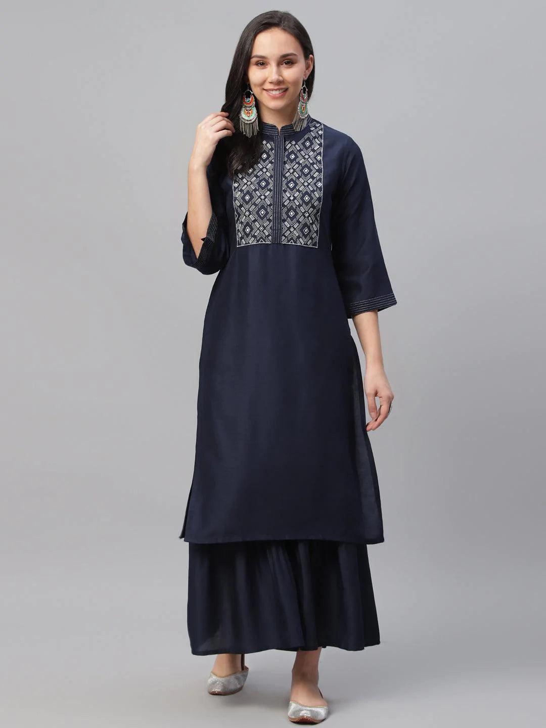 Blue Embroidered Crepe Kurta - ShopLibas