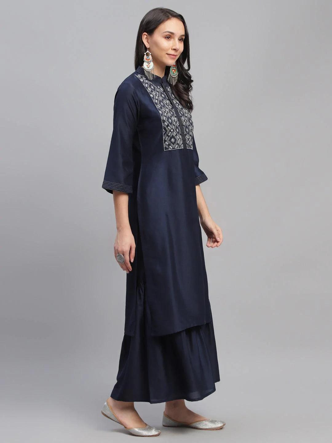 Blue Embroidered Crepe Kurta - ShopLibas 