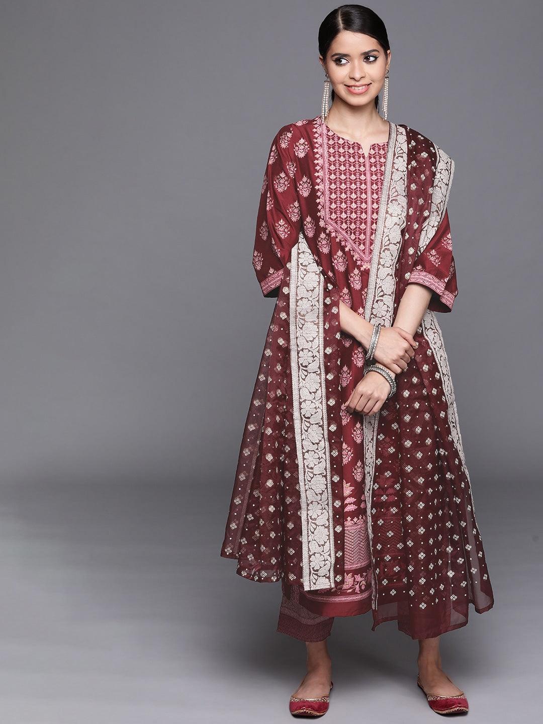 Maroon Printed Silk Blend Suit Set - ShopLibas