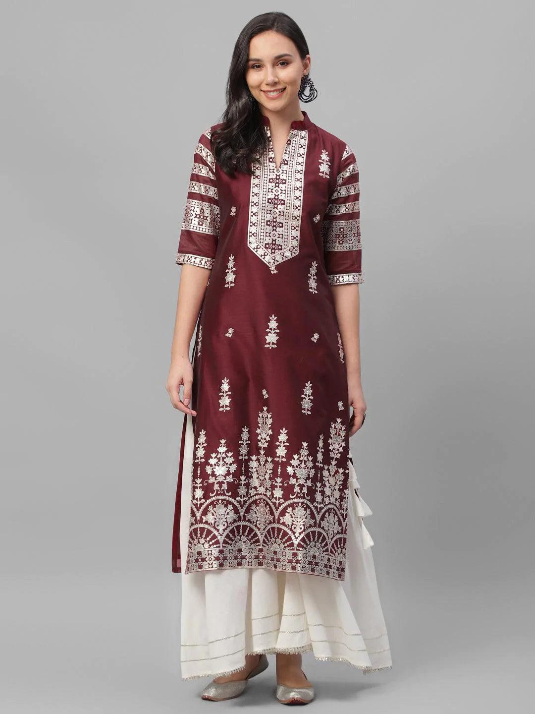 Maroon Printed Shantoon Kurta - ShopLibas