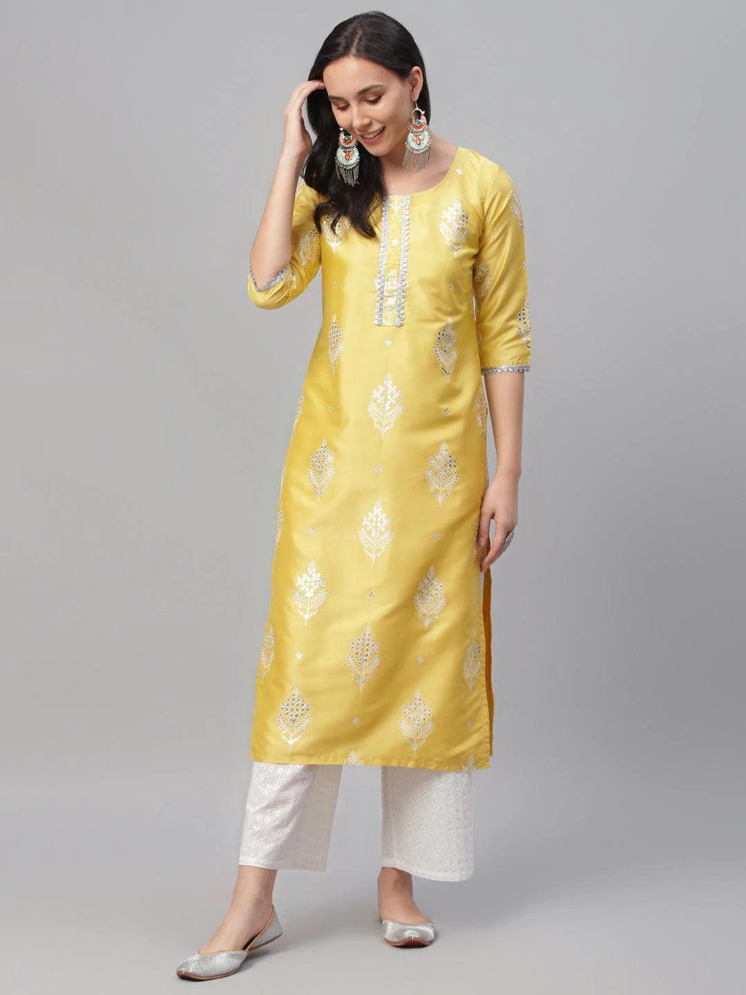 Yellow Printed Shantoon Kurta - ShopLibas