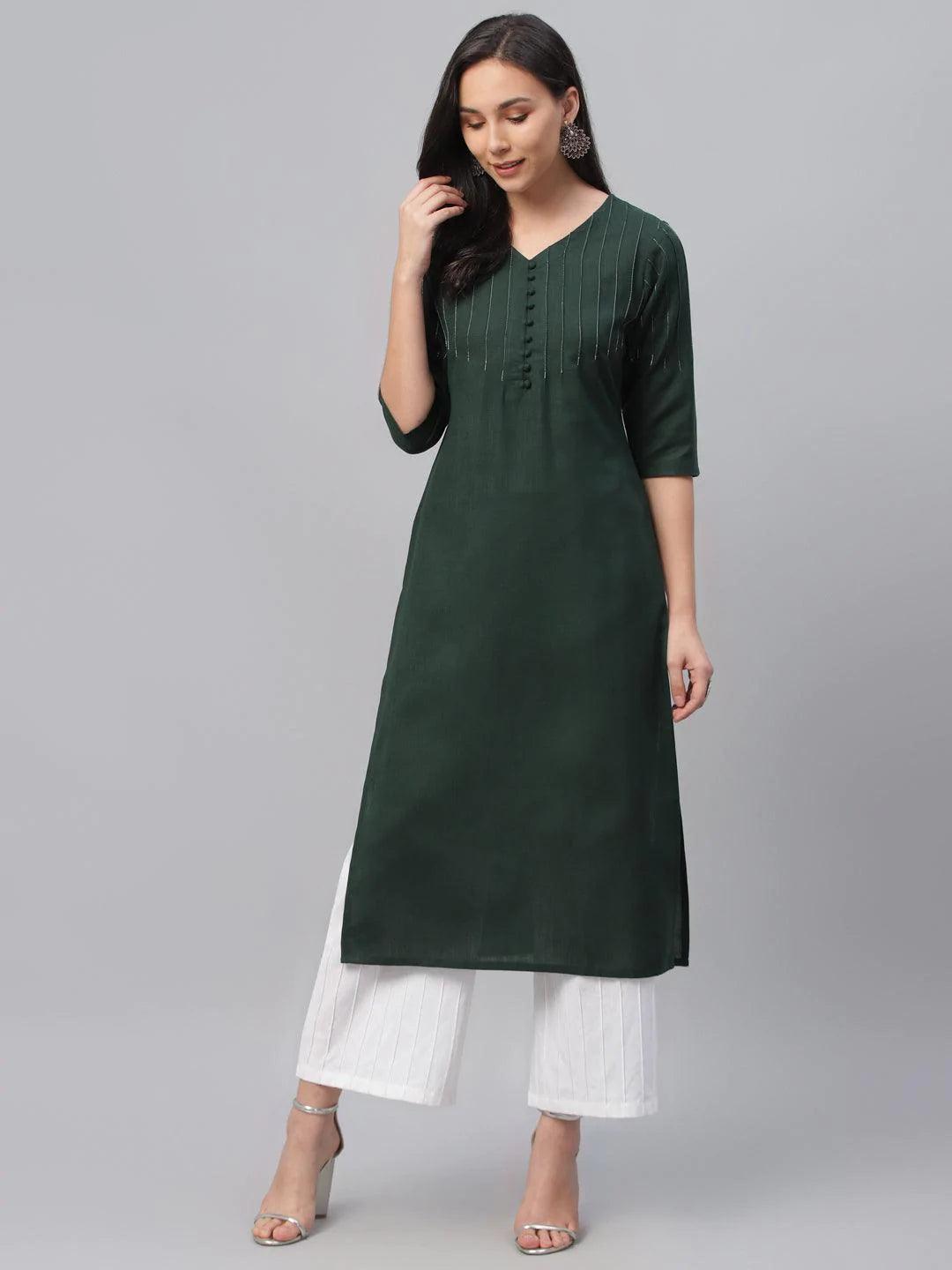 Green Solid Cotton Kurta - ShopLibas