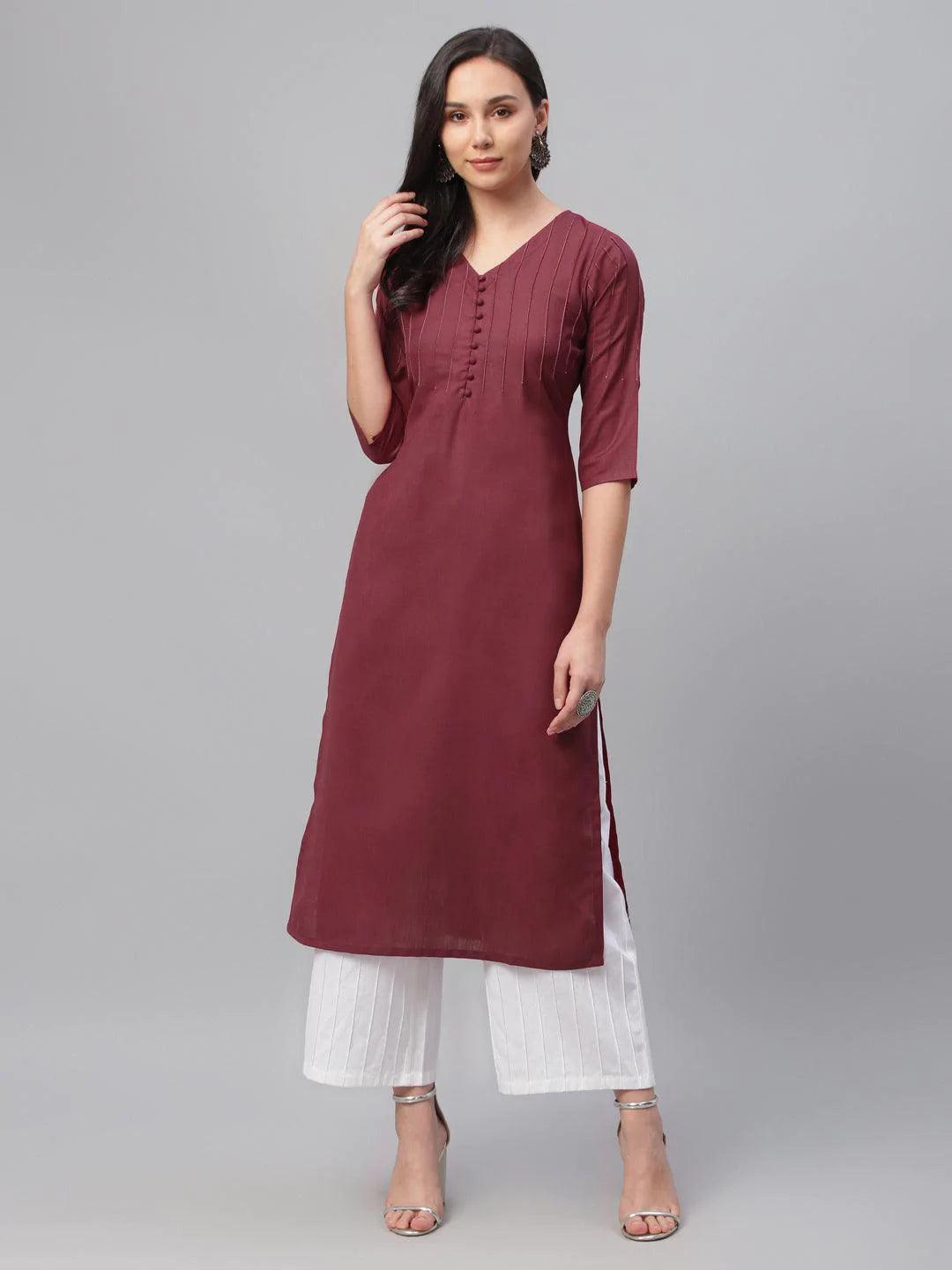 Maroon Solid Cotton Kurta - ShopLibas
