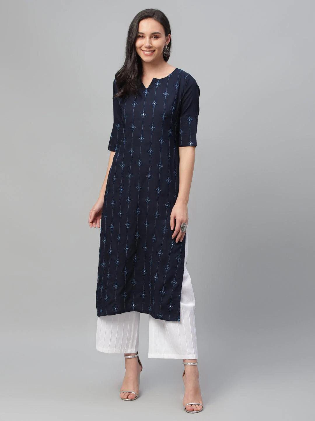 Blue Embroidered Rayon Kurta - ShopLibas