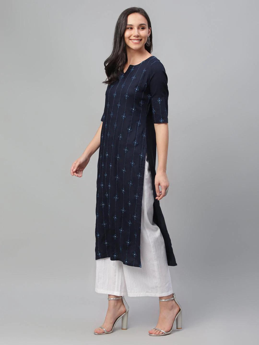 Blue Embroidered Rayon Kurta - ShopLibas 