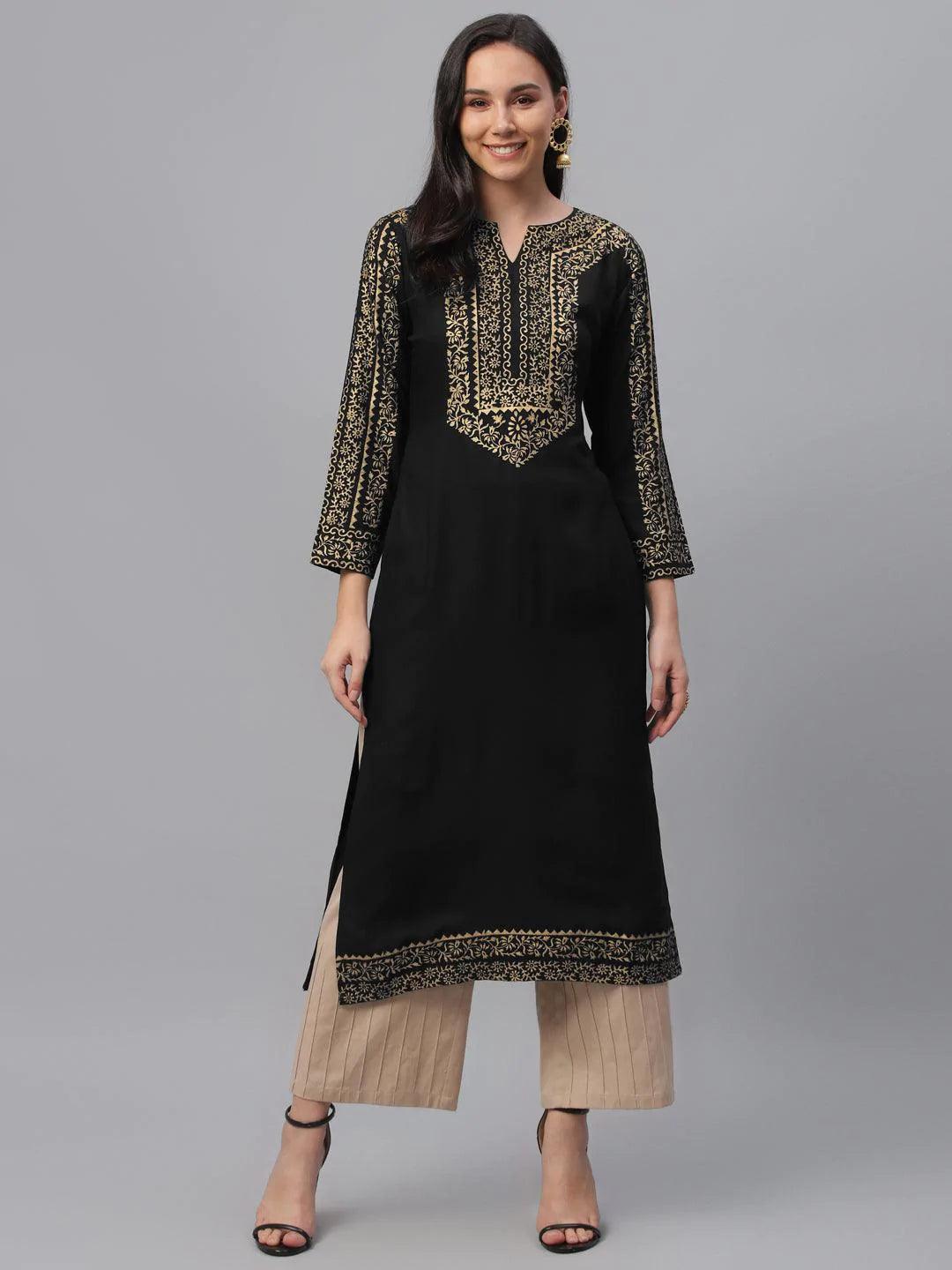 Black Printed Rayon Kurta - ShopLibas