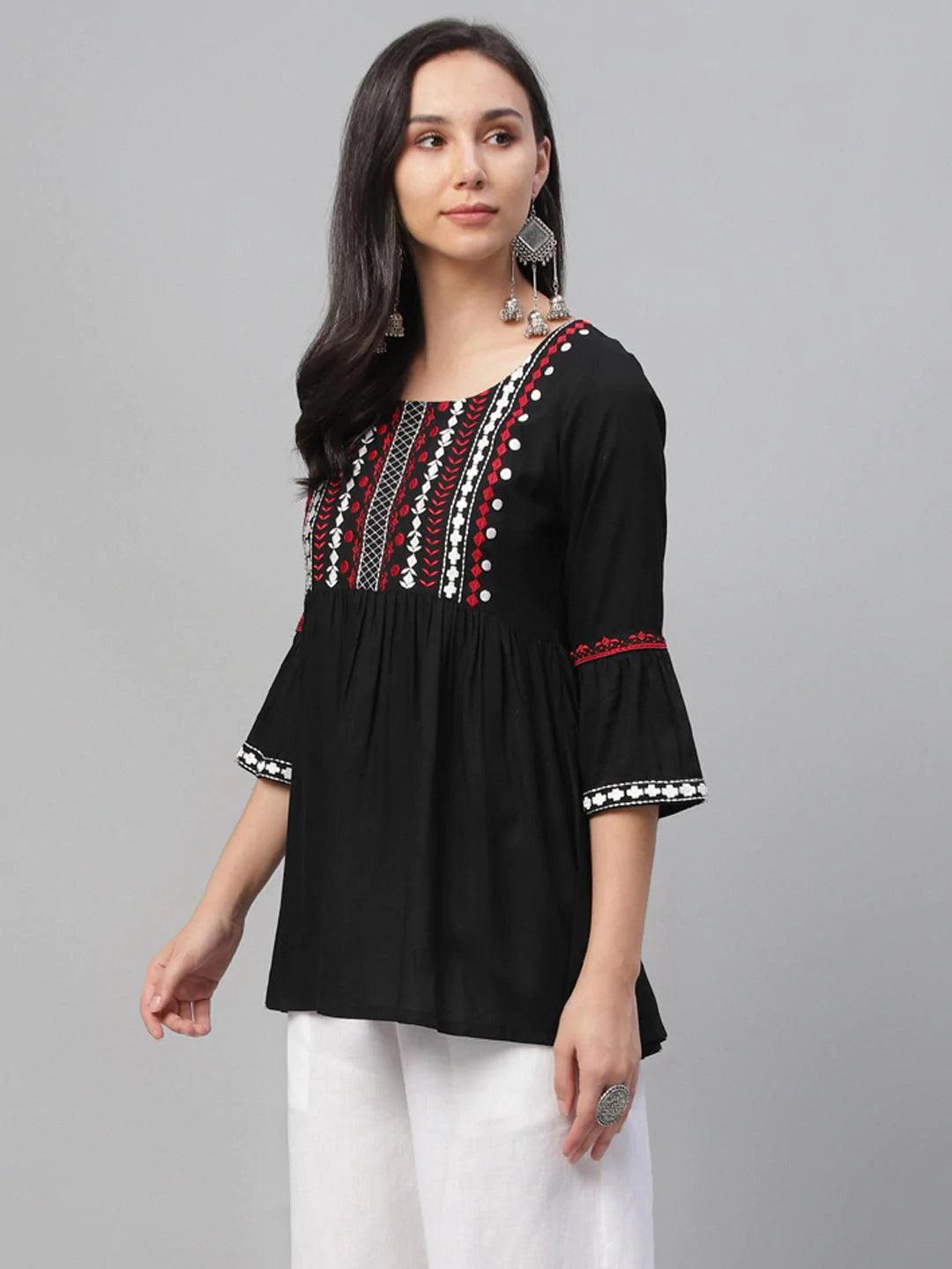 Black Embroidered Rayon Kurti - ShopLibas 