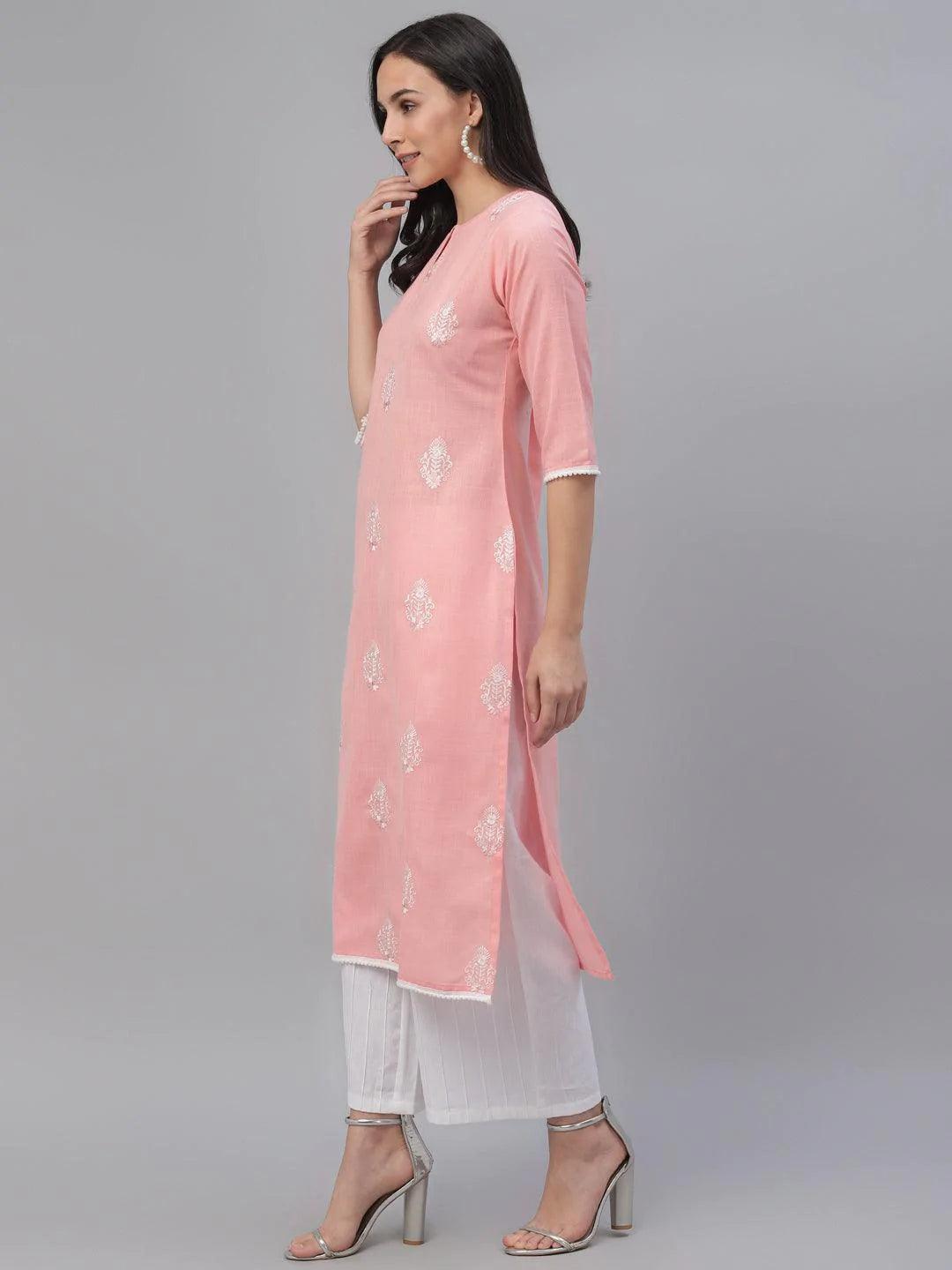 Pink Embroidered Cotton Kurta - ShopLibas 