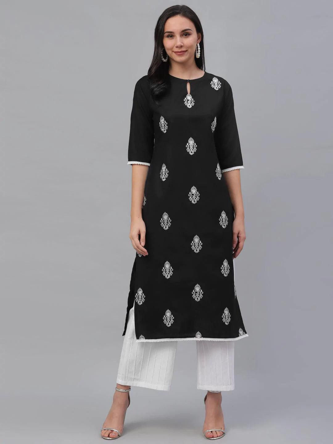 Black Embroidered Cotton Kurta - ShopLibas
