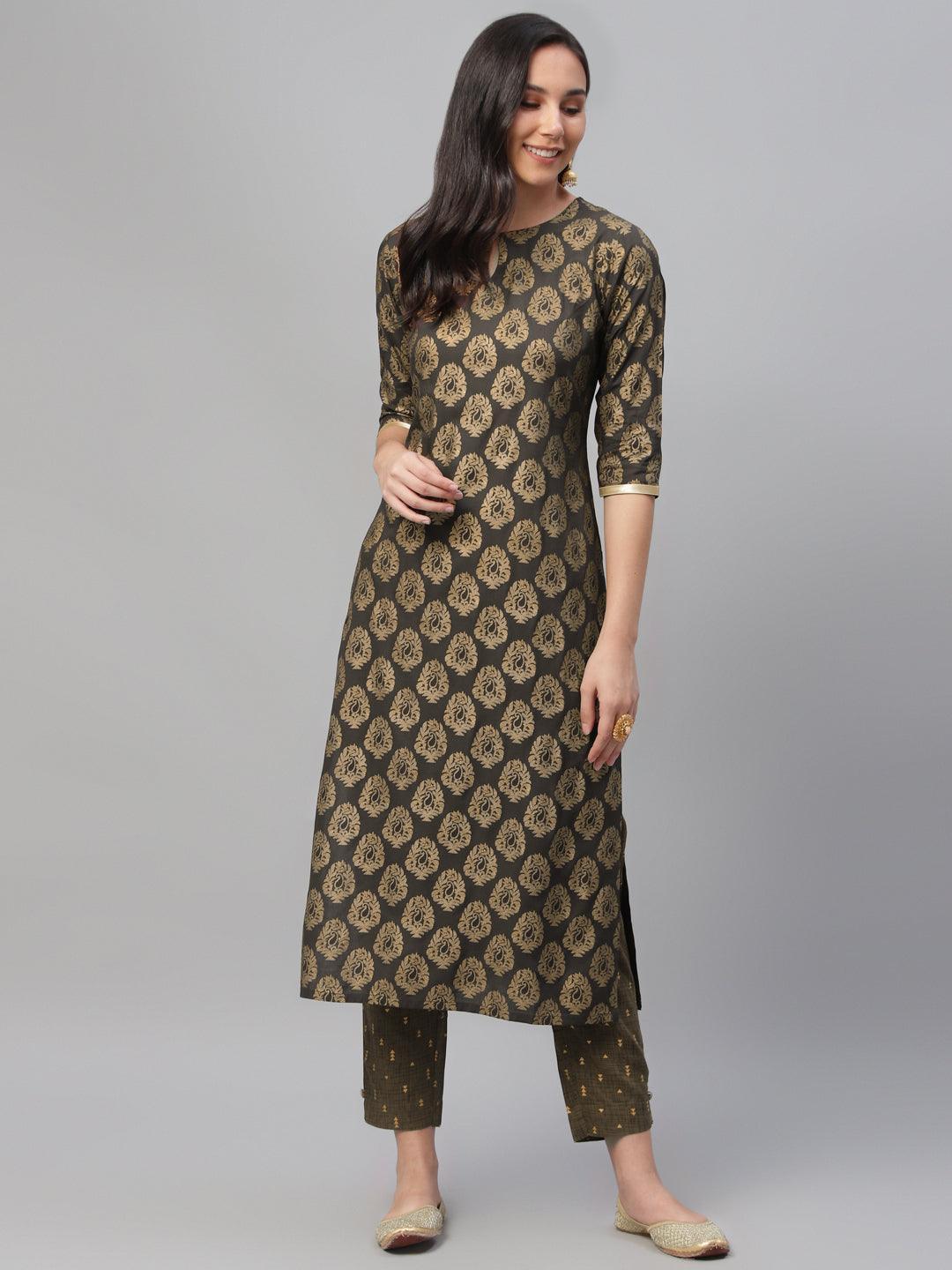 Grey Printed Cotton Kurta - ShopLibas