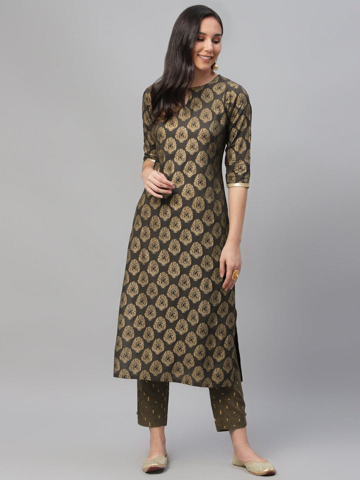 Grey Printed Cotton Kurta - ShopLibas