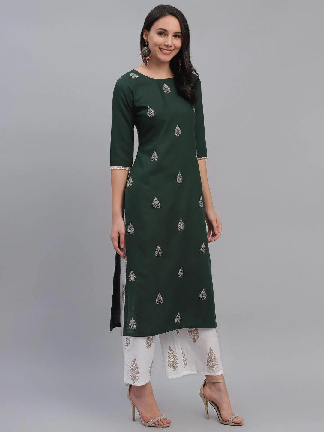 Green Embroidered Rayon Kurta - ShopLibas 