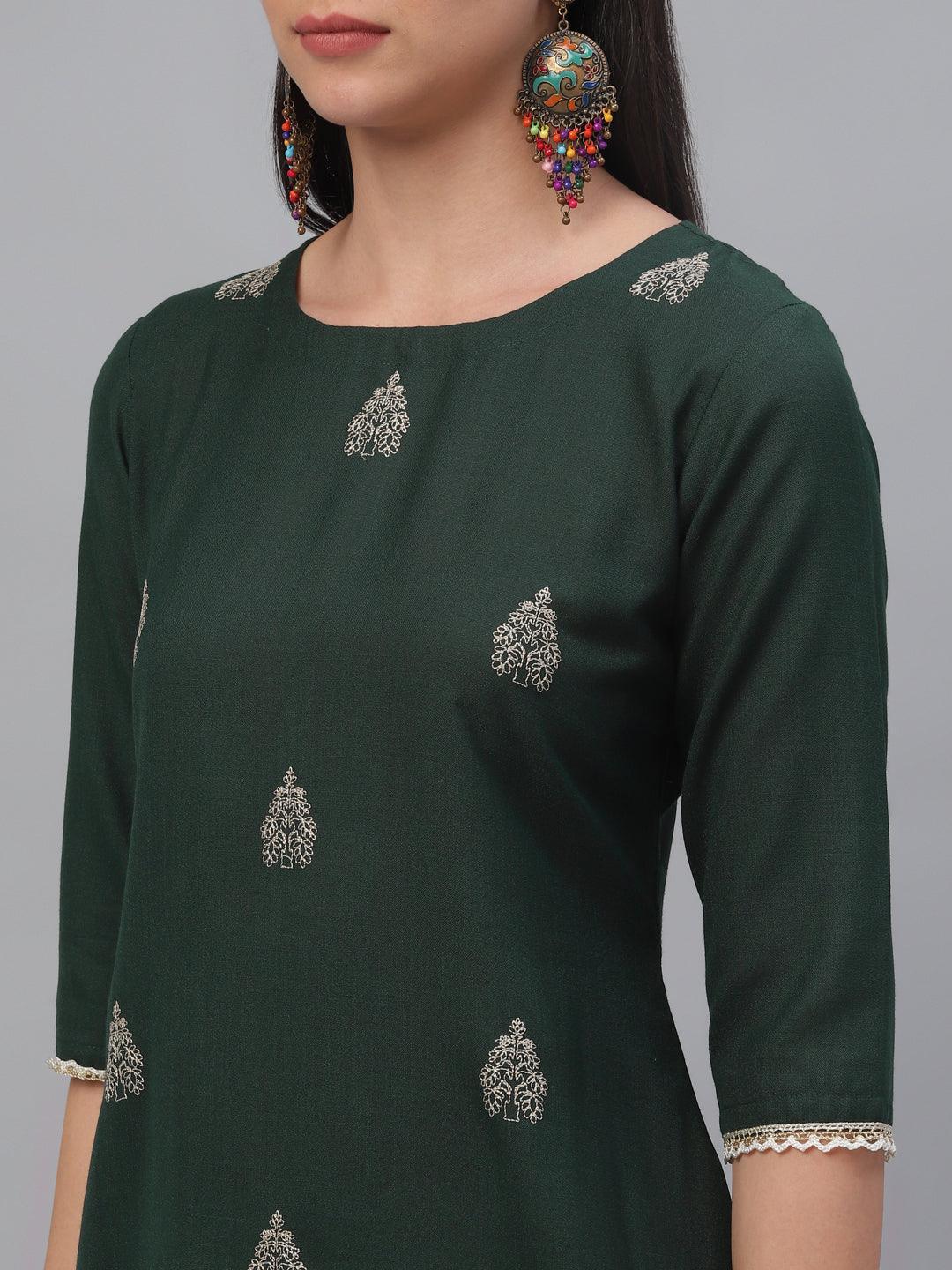 Green Embroidered Rayon Kurta - ShopLibas 