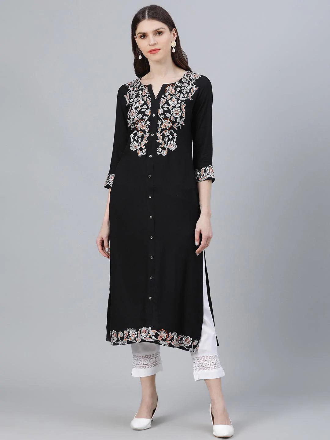 Black Embroidered Rayon Kurta - ShopLibas