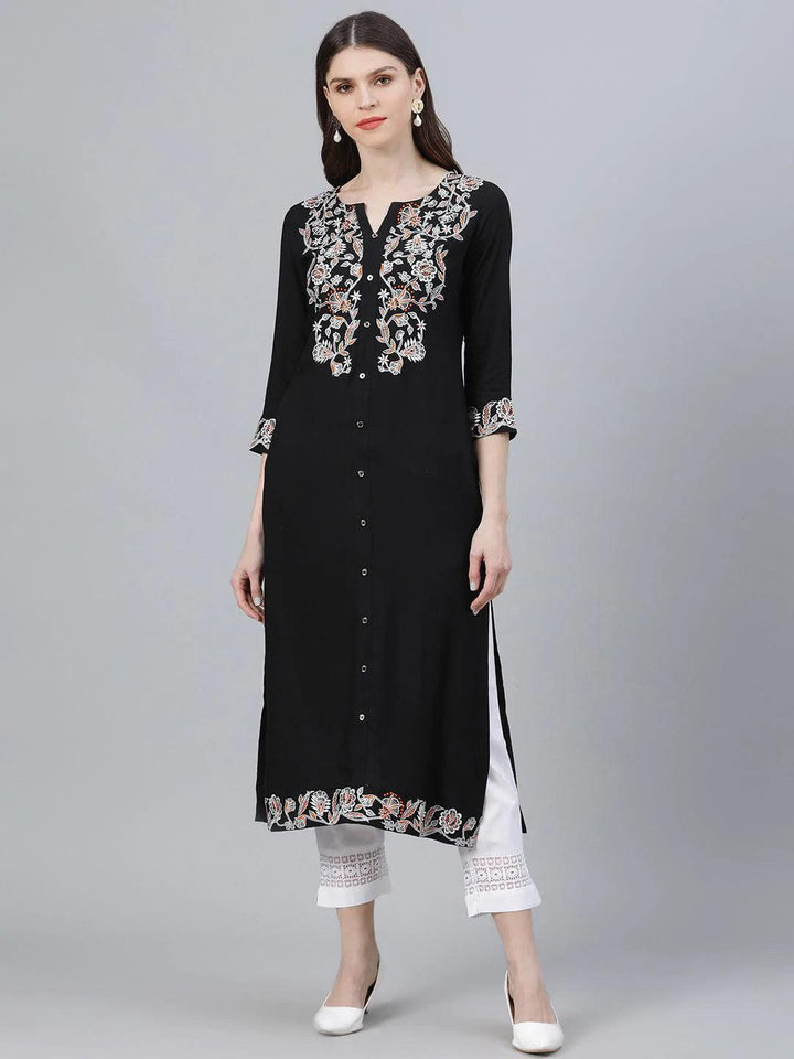 Black Embroidered Rayon Kurta - ShopLibas