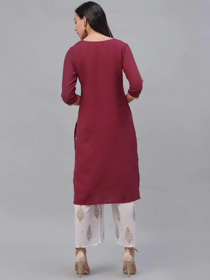 Maroon Embroidered Rayon Kurta