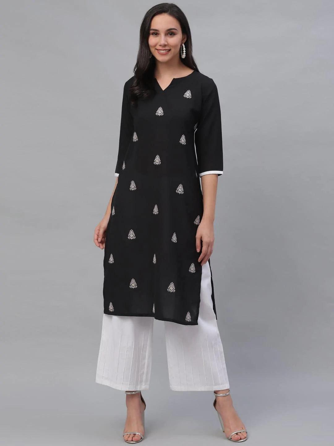 Black Embroidered Rayon Kurta - ShopLibas