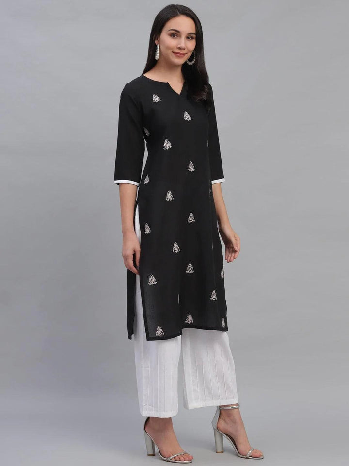 Black Embroidered Rayon Kurta - ShopLibas