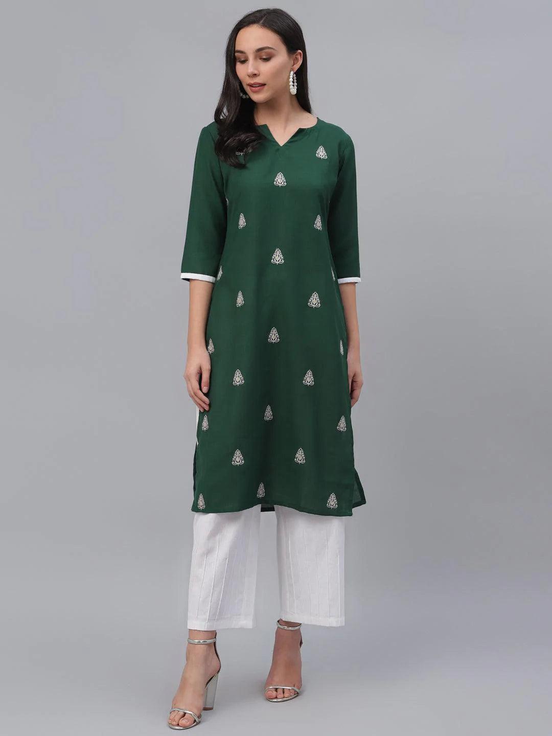 Green Embroidered Rayon Kurta - ShopLibas