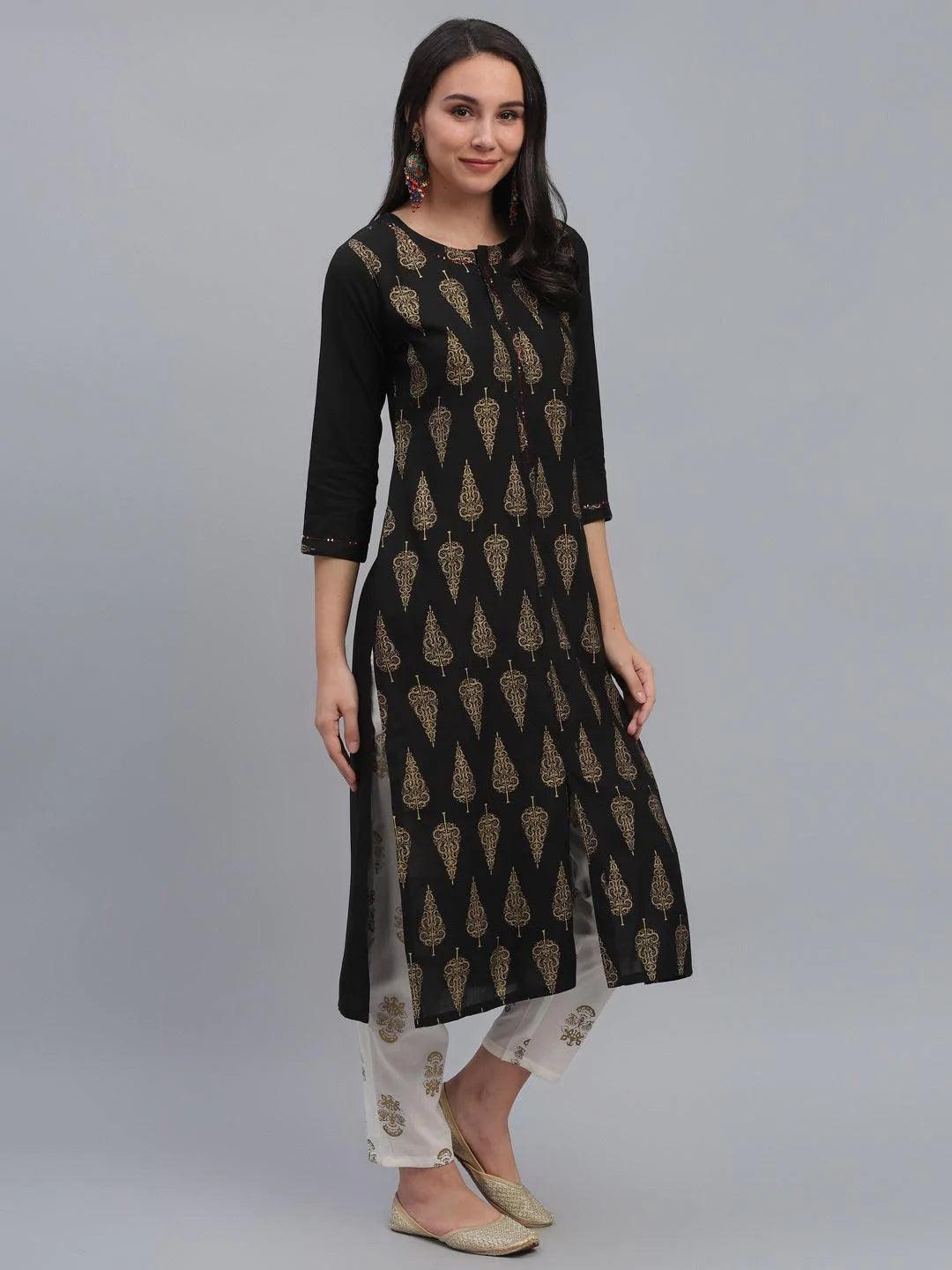 Black Printed Rayon Kurta - ShopLibas