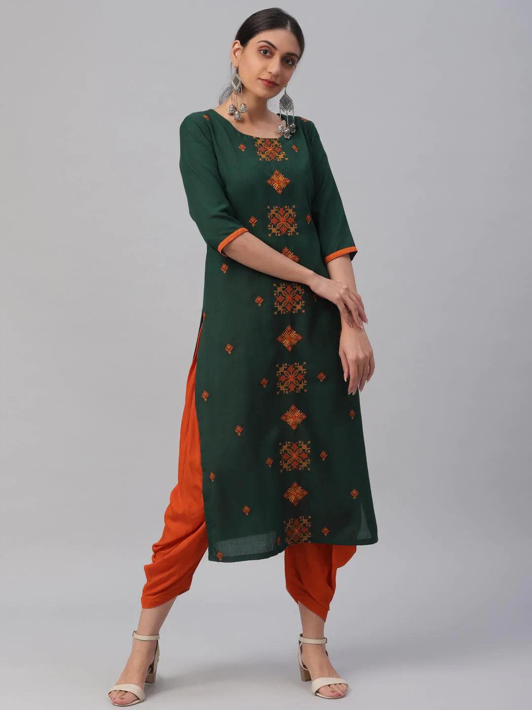 Green Embroidered Cotton Kurta - ShopLibas