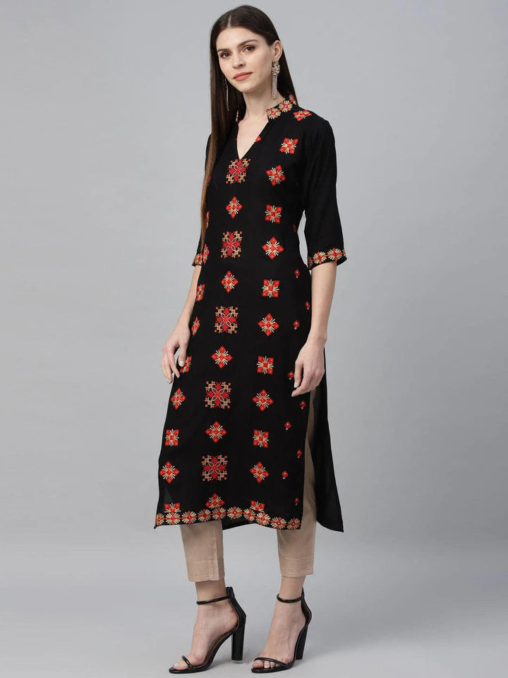 Black Embroidered Rayon Kurta - ShopLibas