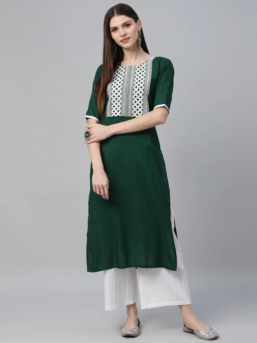 Green Embroidered Rayon Kurta - ShopLibas
