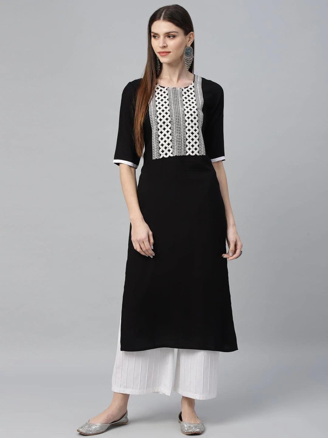 Black Embroidered Rayon Kurta - ShopLibas