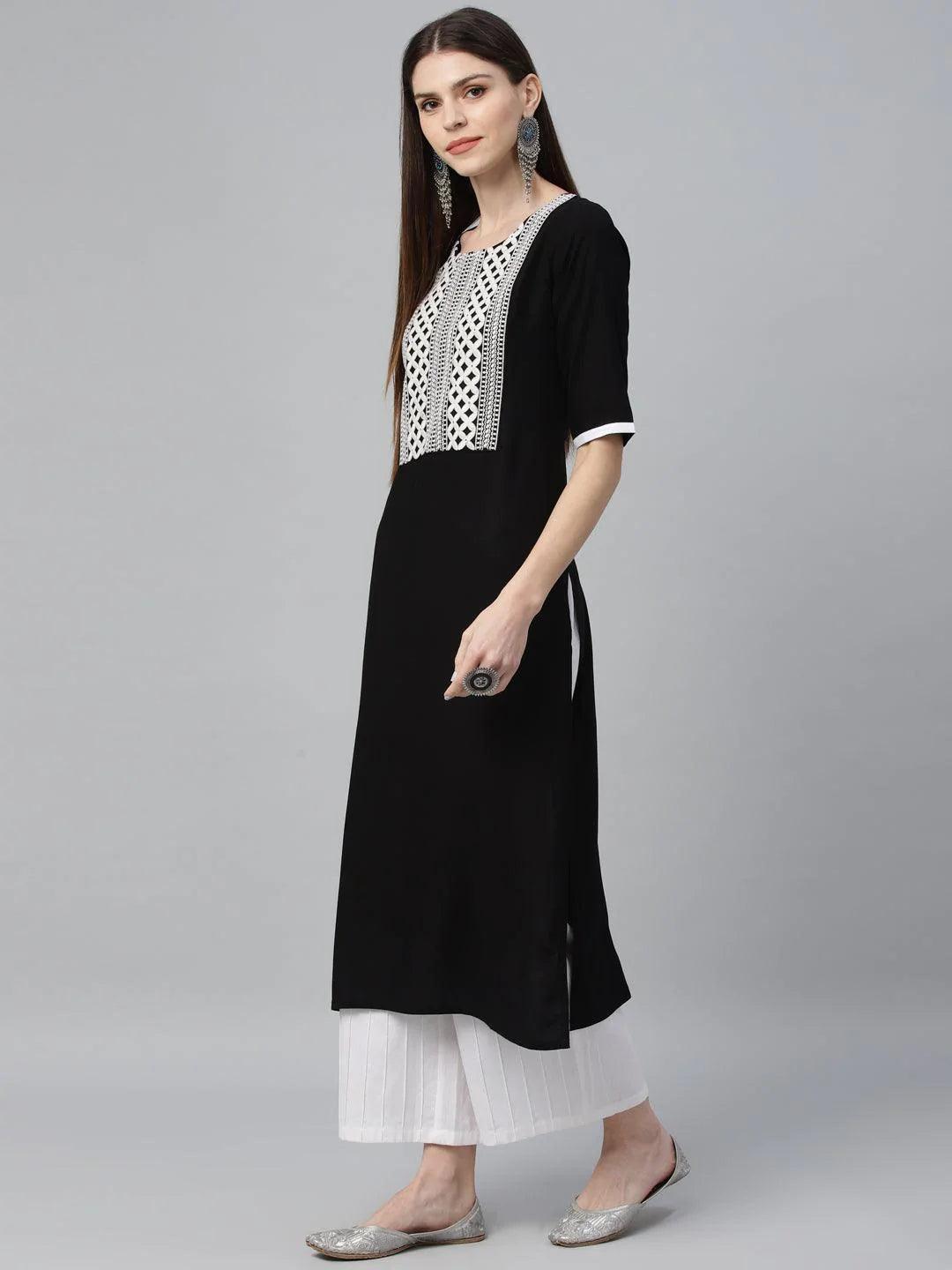 Black Embroidered Rayon Kurta - ShopLibas