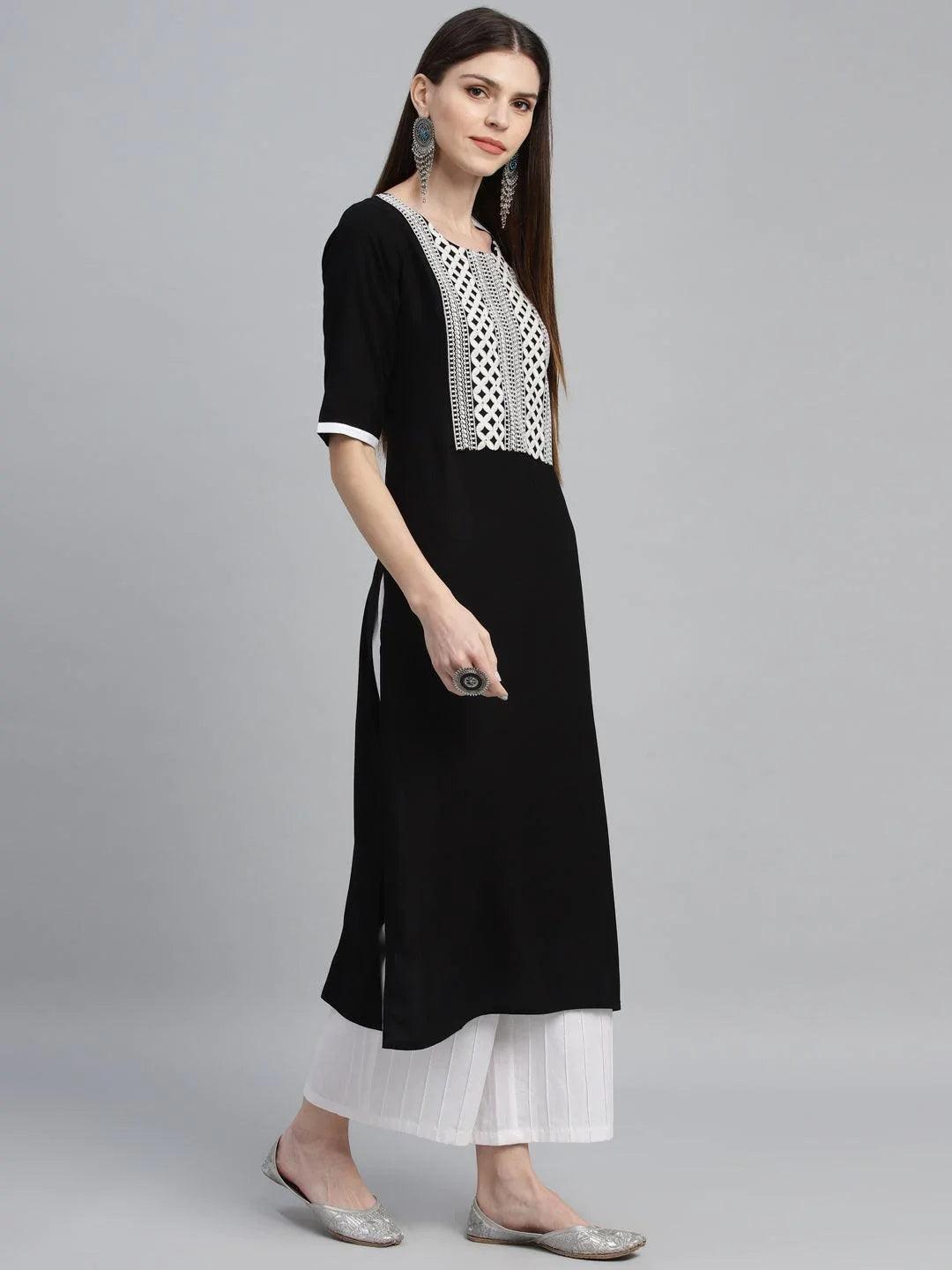 Black Embroidered Rayon Kurta - ShopLibas