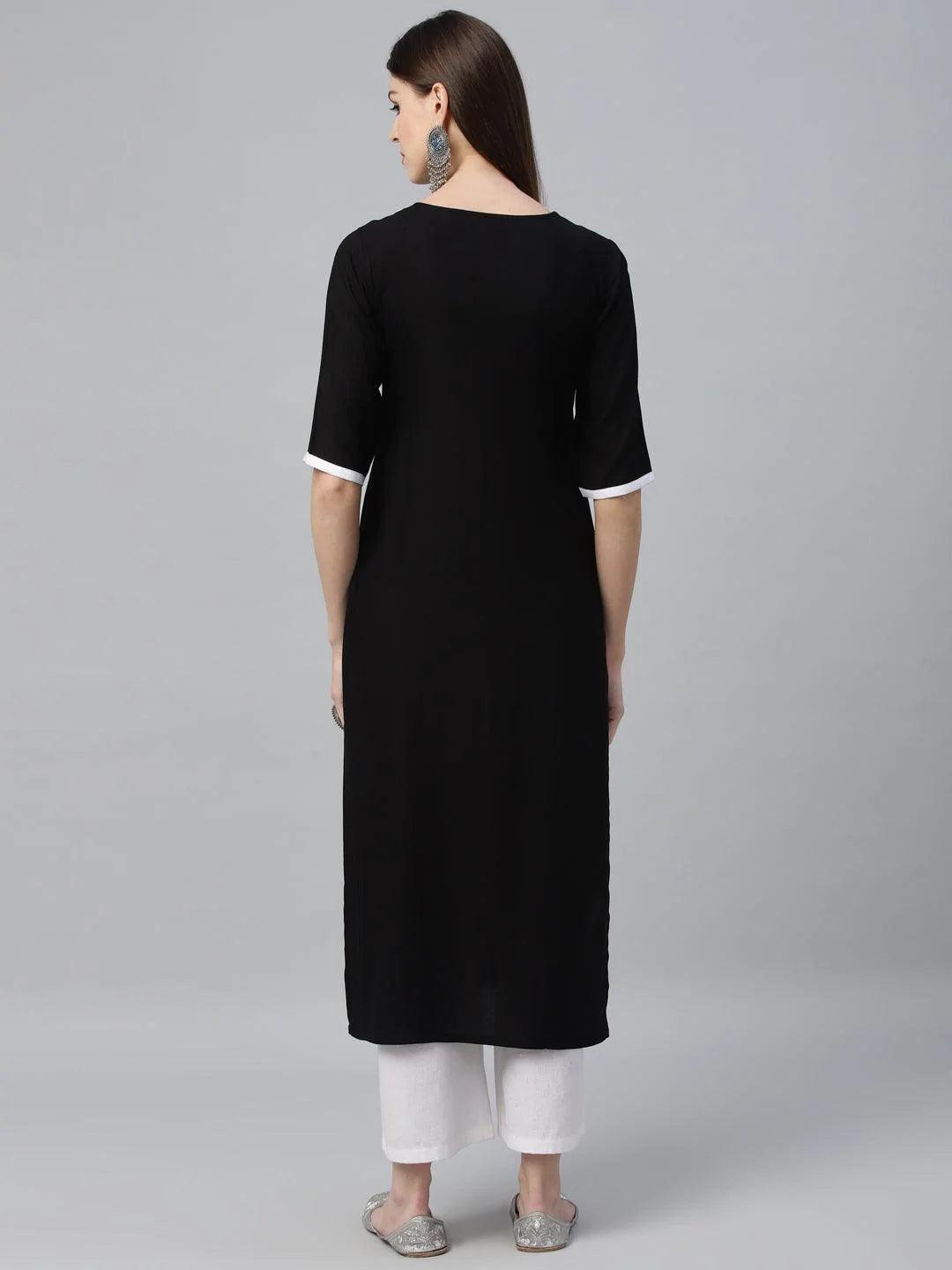 Black Embroidered Rayon Kurta - ShopLibas
