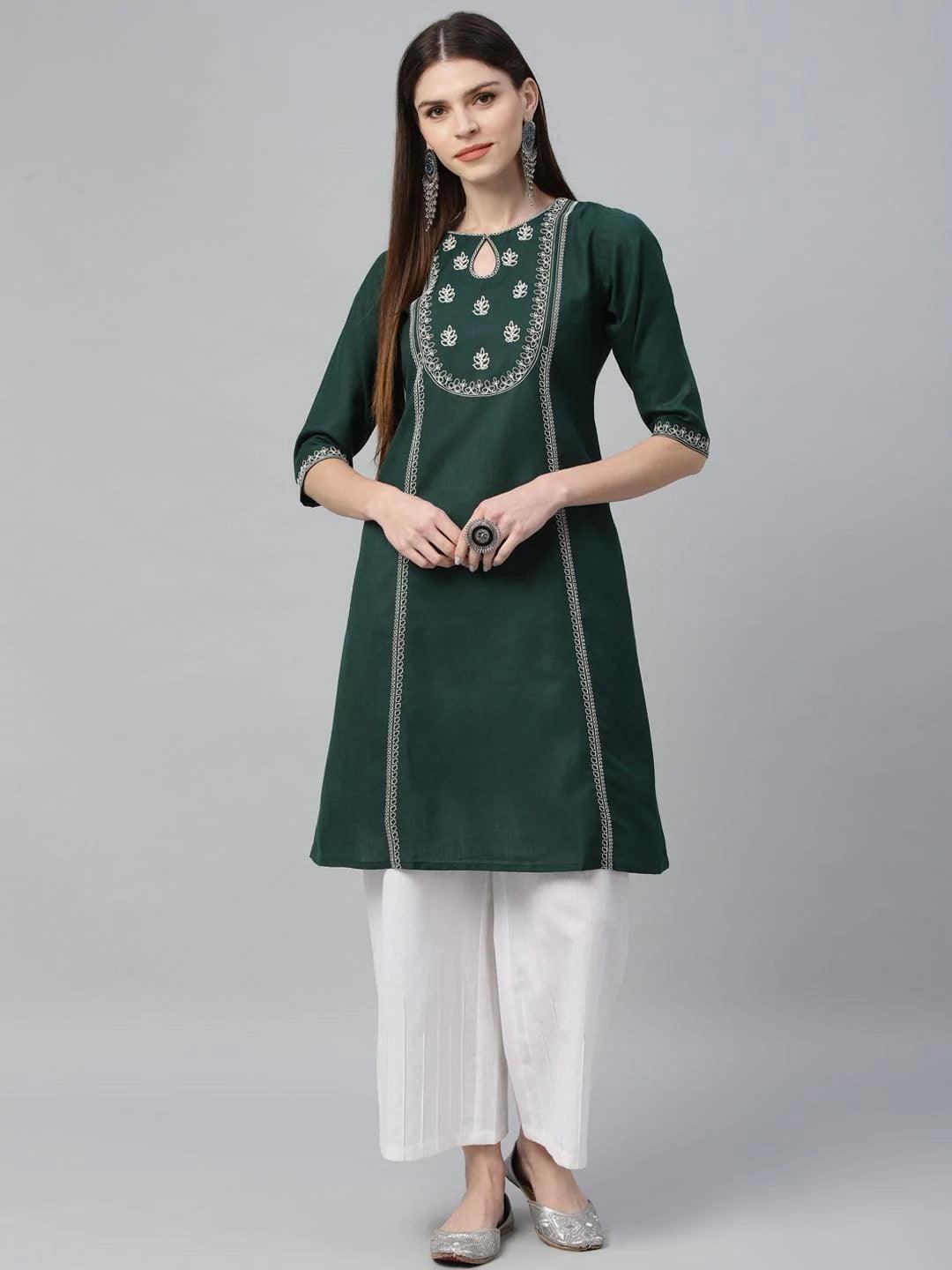 Green Embroidered Cotton Kurta - ShopLibas