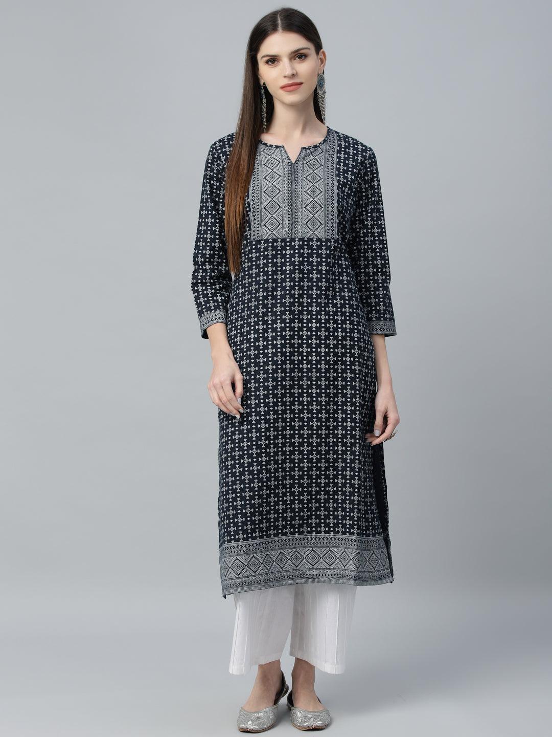 Navy Blue Printed Cotton Kurta - ShopLibas