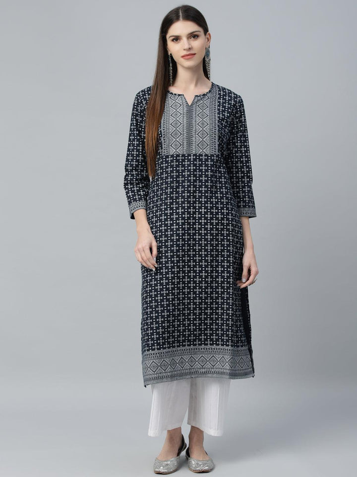 Navy Blue Printed Cotton Kurta - ShopLibas
