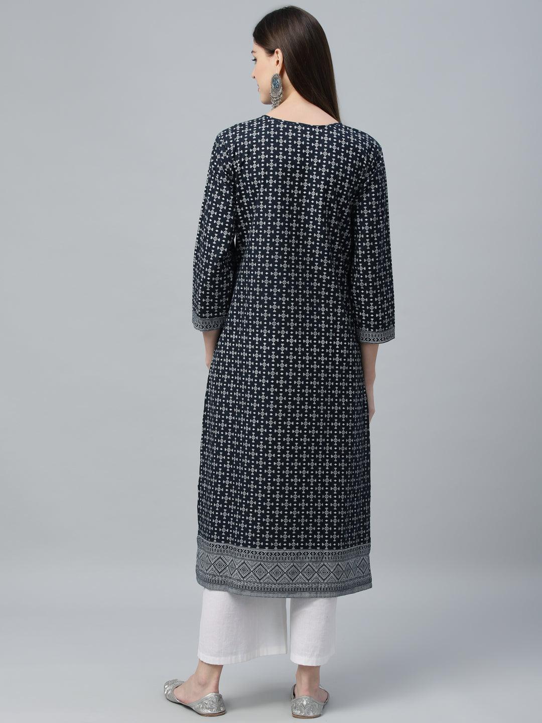 Navy Blue Printed Cotton Kurta - ShopLibas